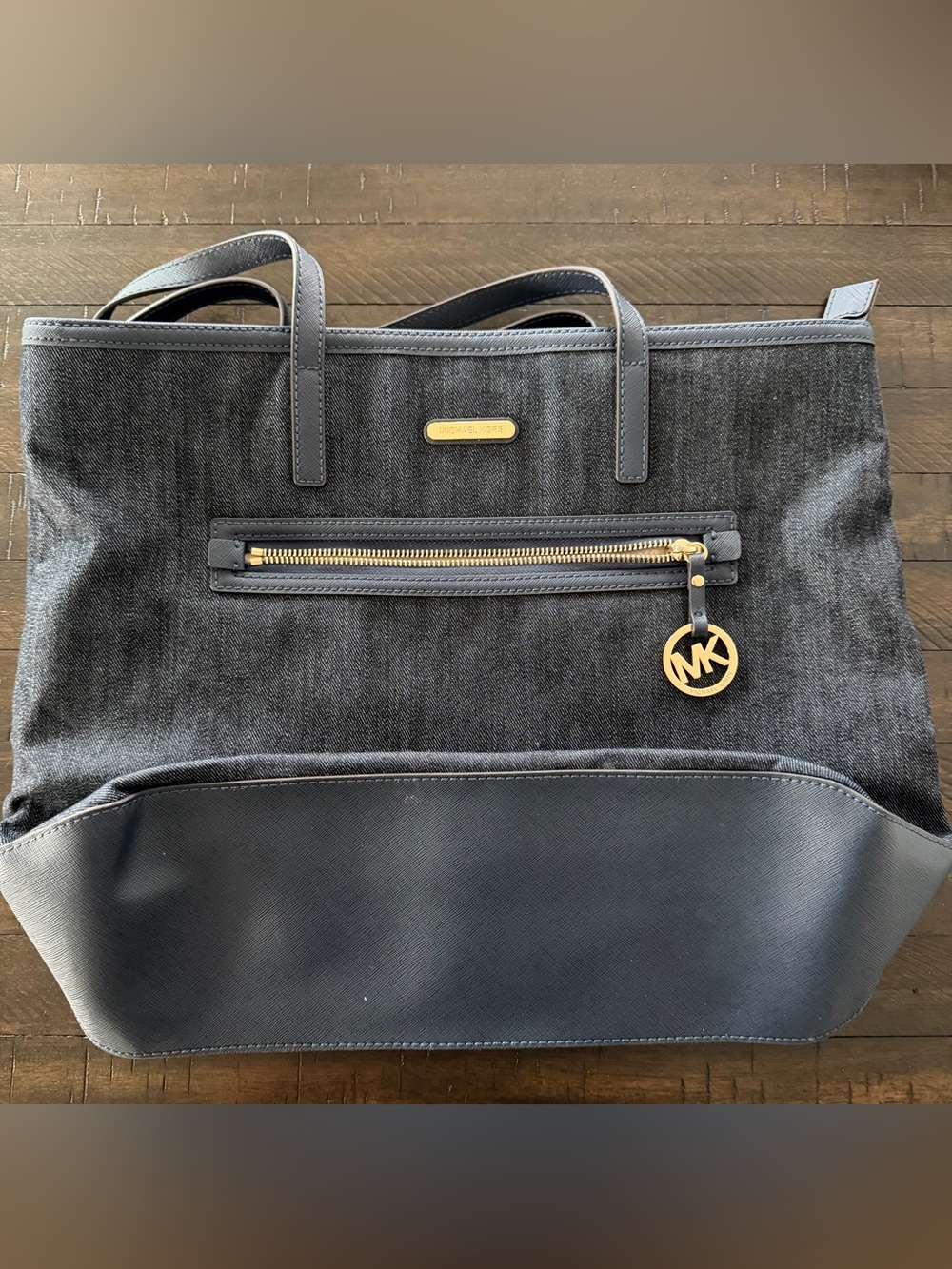 Michael Kors Blue Denim Tote with Gold MK Charm - Picture 1 of 7